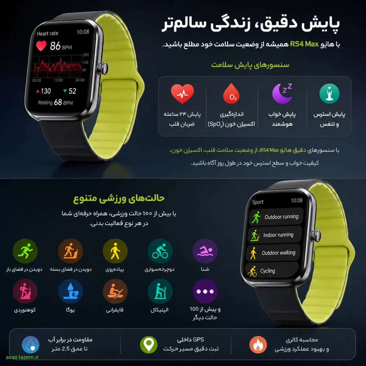 سنسورهای پایش سلامت و حالت های ورزشی ساعت هوشمند هایلو RS4 Max