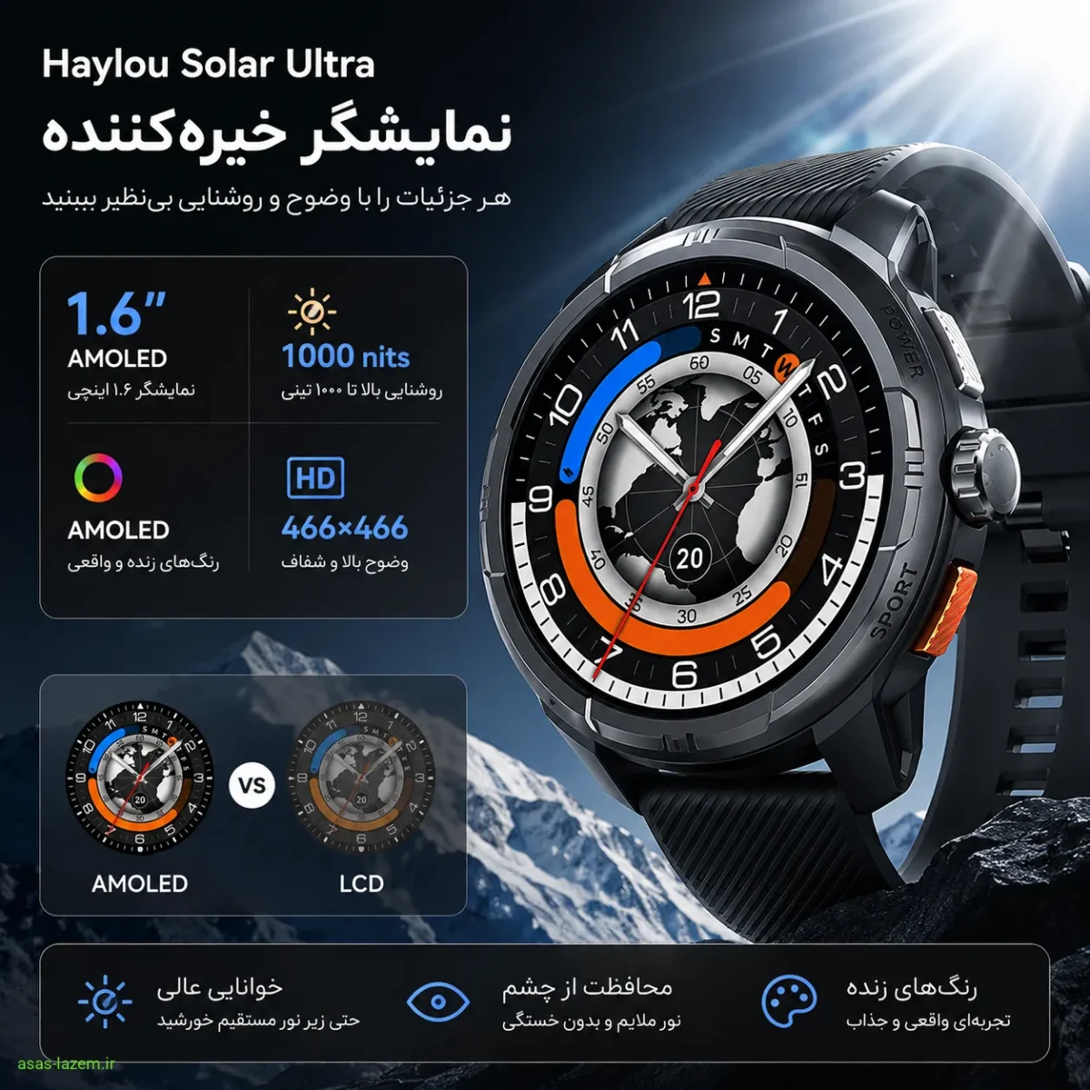 نمایشگر ۱.۶ اینچی AMOLED با روشنایی ۱۰۰۰ نیتی و وضوح بالای ساعت هوشمند Haylou Solar Ultra