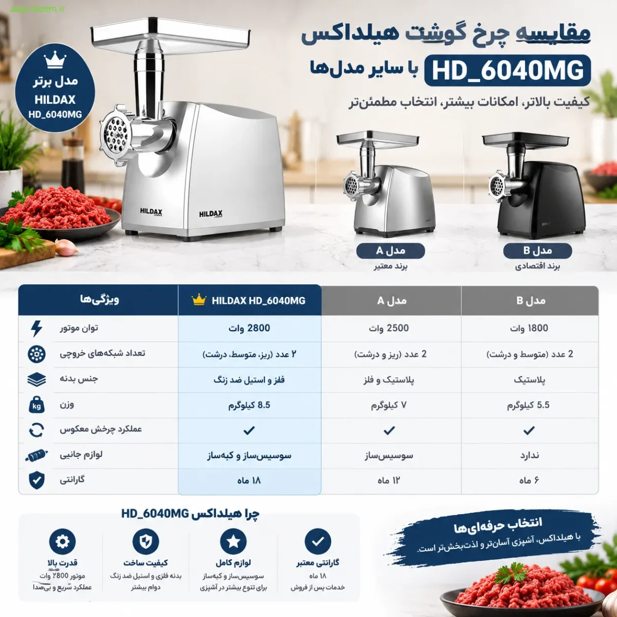 مقایسه چرخ گوشت هیلداکس HD_6040MG با سایر مدل‌ها