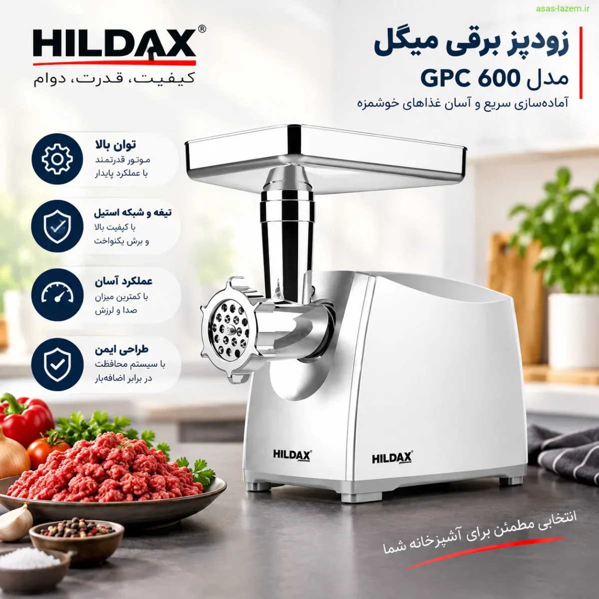چرخ گوشت هیلداکس HD_6040MG در حال چرخ کردن گوشت تازه