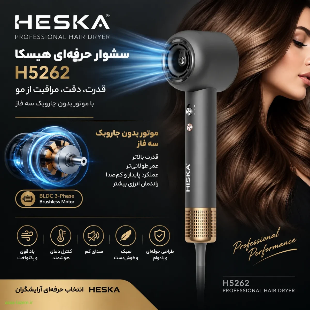سشوار حرفه‌ای هیسکا H5262 با موتور بدون جاروبک سه فاز