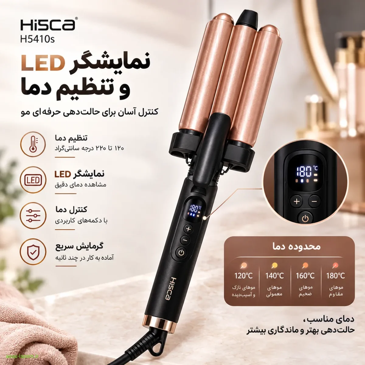 نمایشگر LED و تنظیم دما فر کننده مو هیسکا H5410s