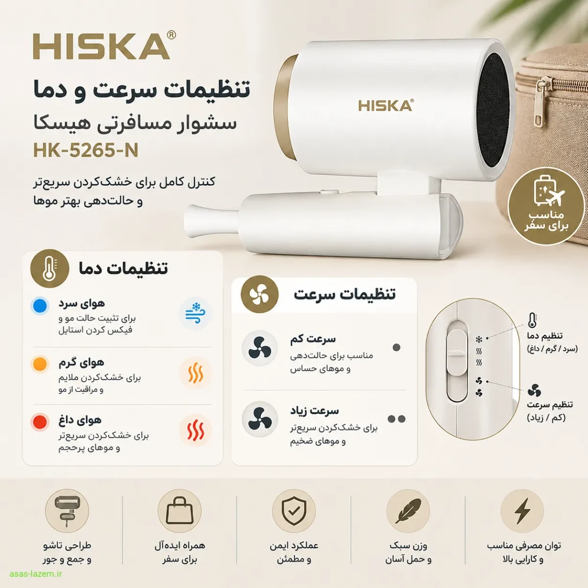 تنظیمات سرعت و دمای سشوار مسافرتی هیسکا HK-5265-N