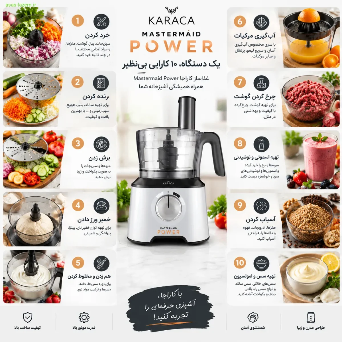 ۱۰ کارایی اصلی غذاساز کاراجا Mastermaid Power ۱۰ کارایی مختلف غذاساز کاراجا Mastermaid Power