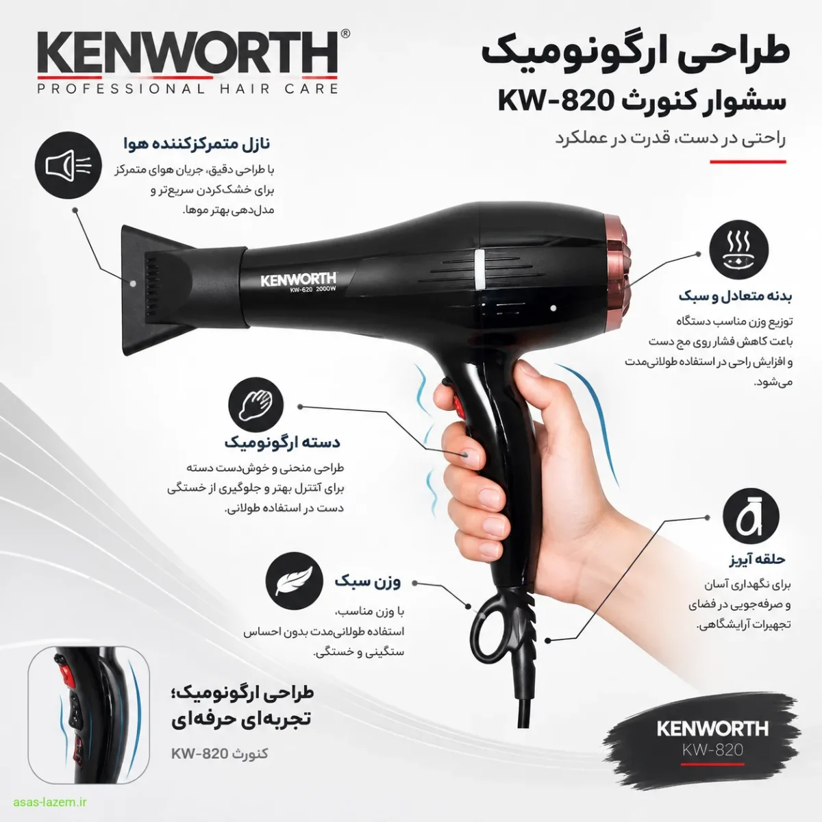 طراحی ارگونومیک سشوار کنورث KW-820