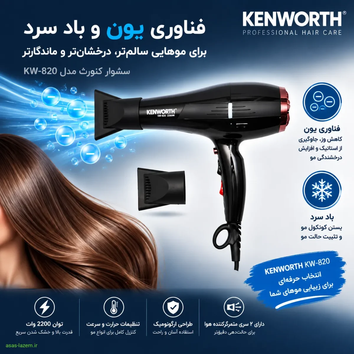 فناوری یون و باد سرد سشوار کنورث KW-820