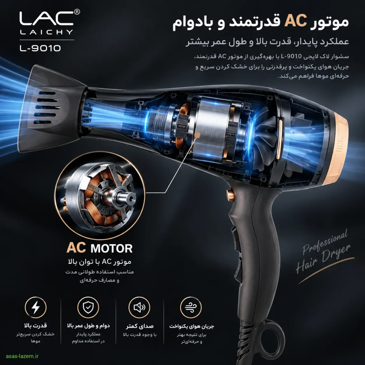 موتور AC قدرتمند و بادوام در ساختار داخلی سشوار لاک لایچی L-9010