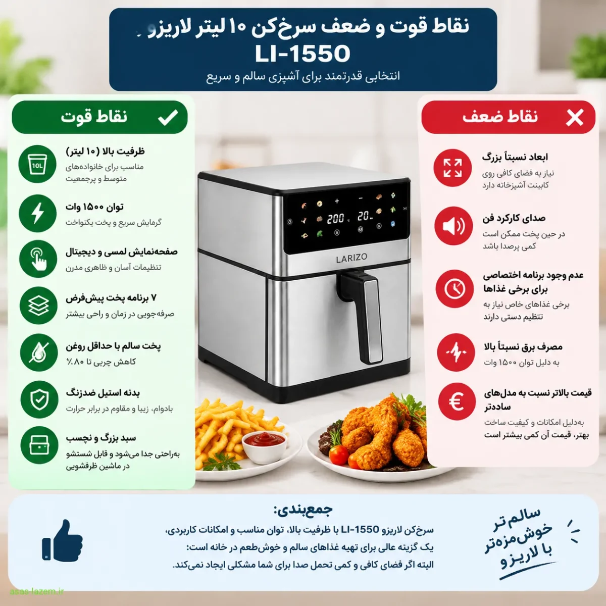 نقاط قوت و ضعف سرخ‌کن ۱۰ لیتر لاریزو LI-1550