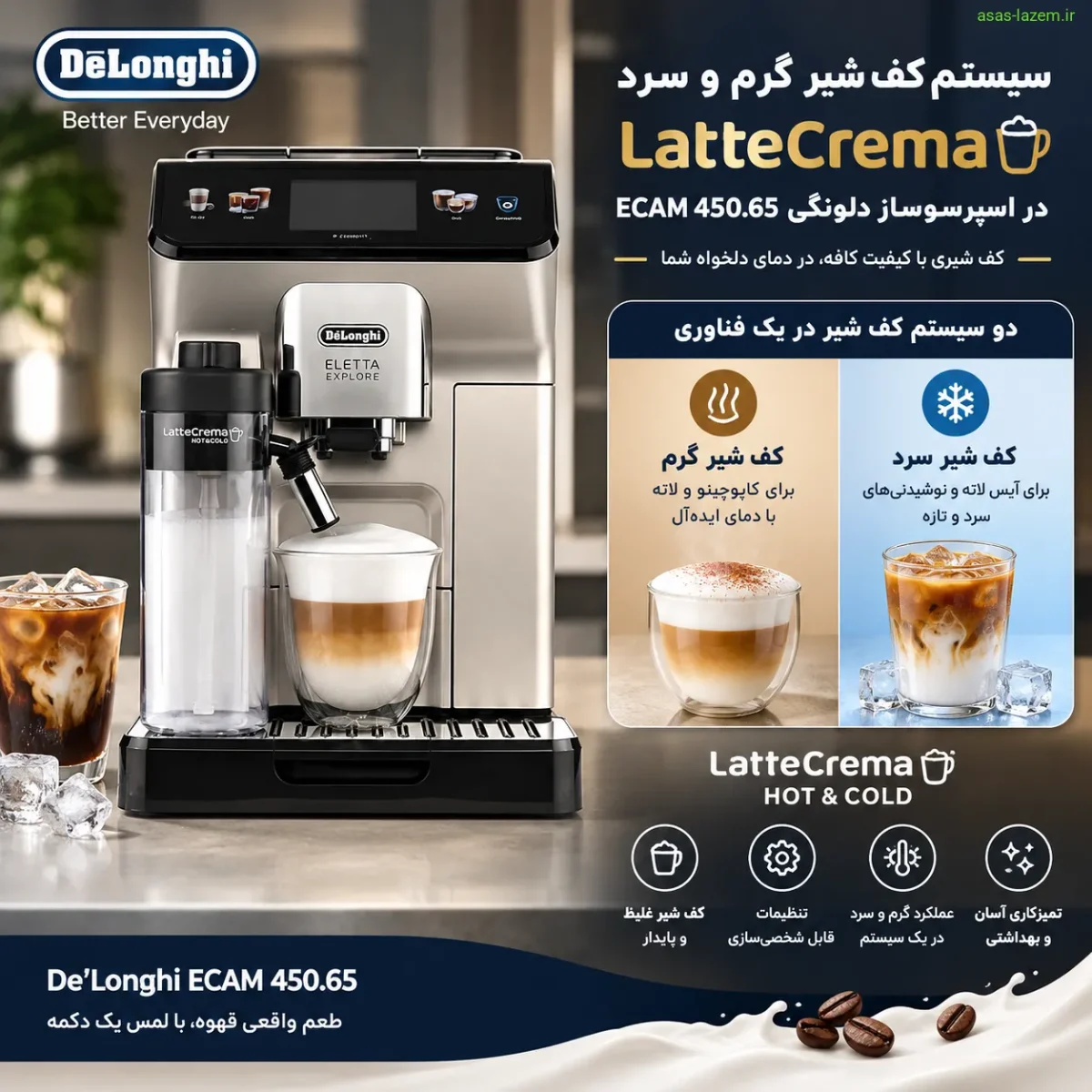 سیستم کف شیر گرم و سرد LatteCrema در اسپرسوساز دلونگی ECAM 450.65