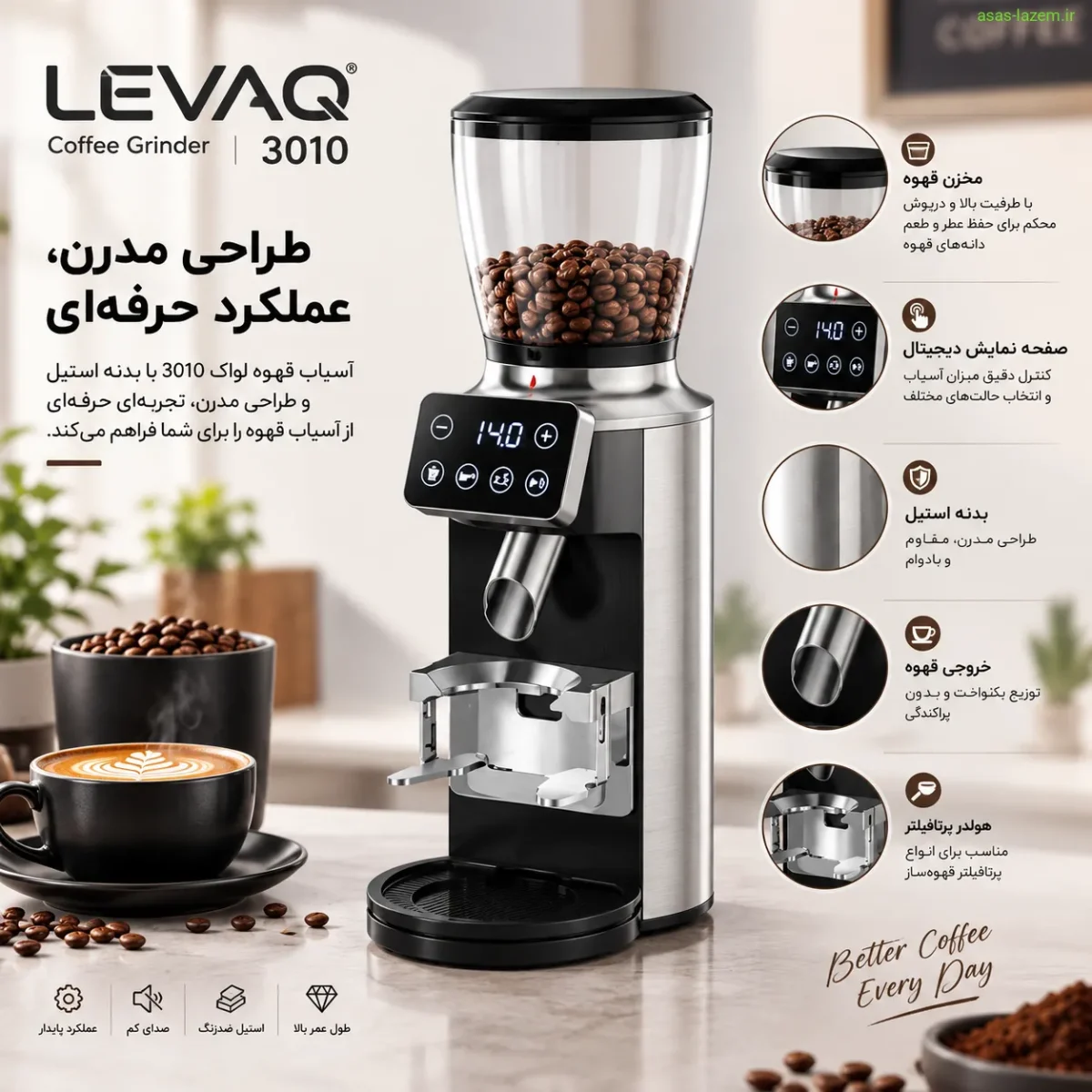 طراحی و بدنه آسیاب قهوه لواک 3010 در رنگ استیل