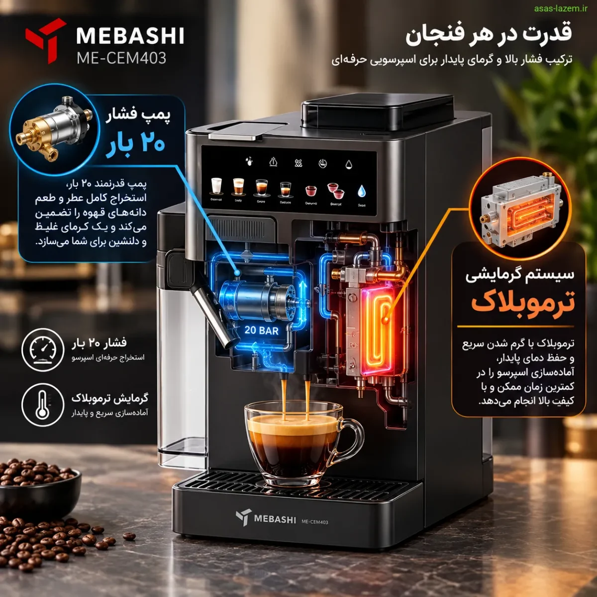 پمپ فشار ۲۰ بار و سیستم گرمایشی ترموبلاک اسپرسوساز مباشی ME-CEM403