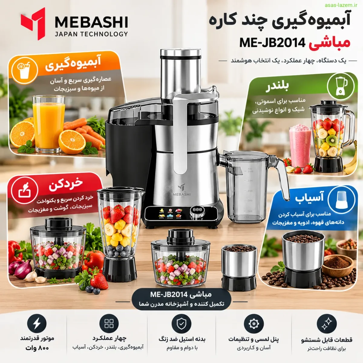 کارکردهای آبمیوه‌گیری، بلندر، خردکن و آسیاب در مباشی ME-JB2014