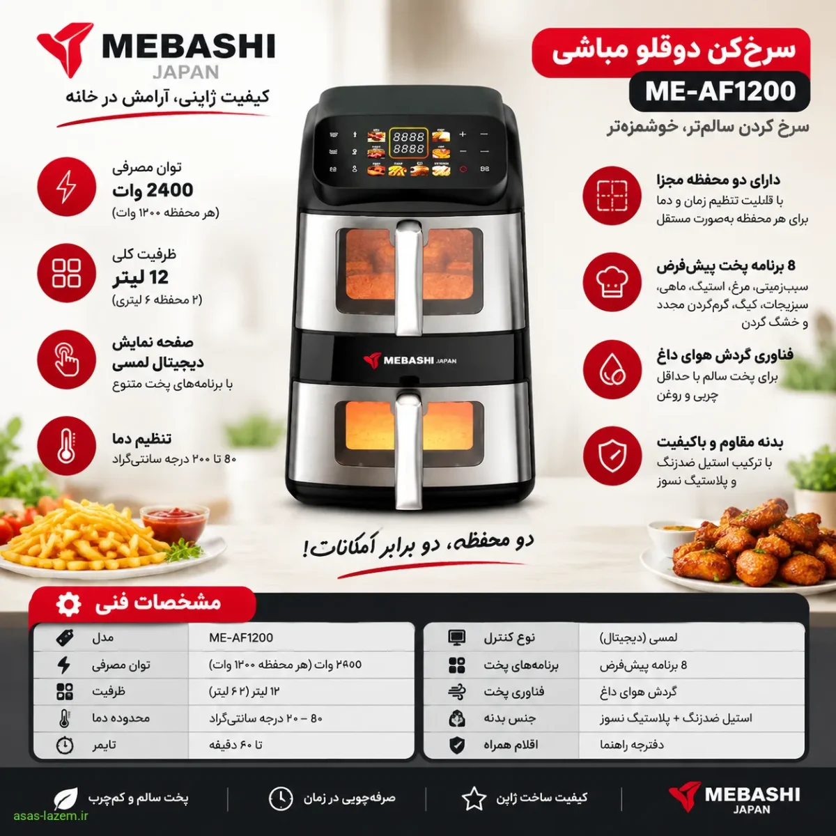 مشخصات فنی سرخ‌کن مباشی ME-AF1200