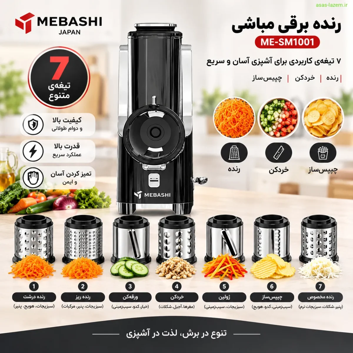 تیغه‌های هفت‌گانه رنده برقی مباشی ME-SM1001 شامل رنده، خردکن و چیپس‌ساز