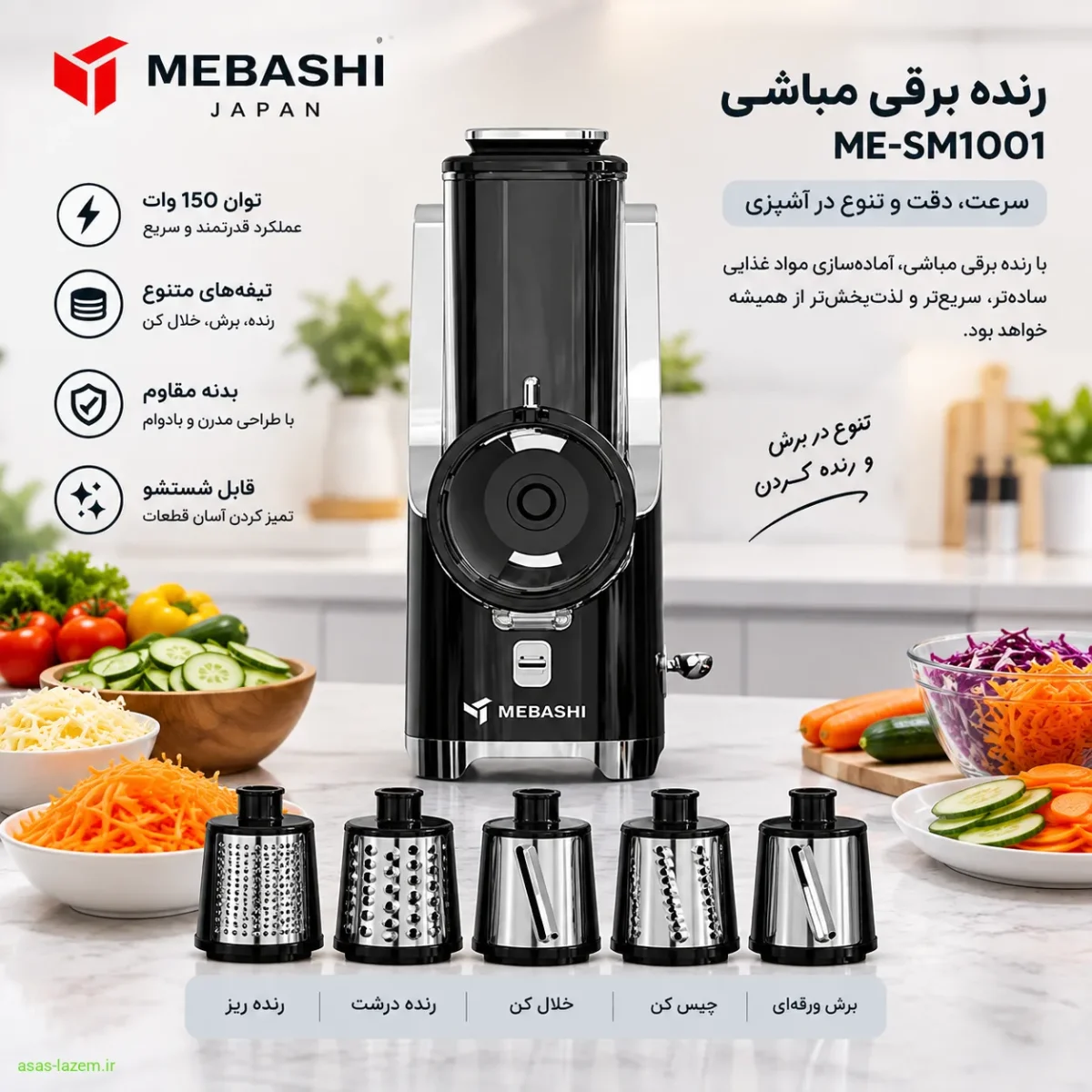 نمای کلی رنده برقی مباشی ME-SM1001 با بدنه مشکی و تیغه‌های متنوع