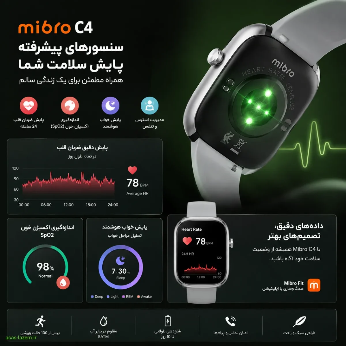 سنسورهای پایش سلامت و ضربان قلب ساعت هوشمند میبرو مدل C4