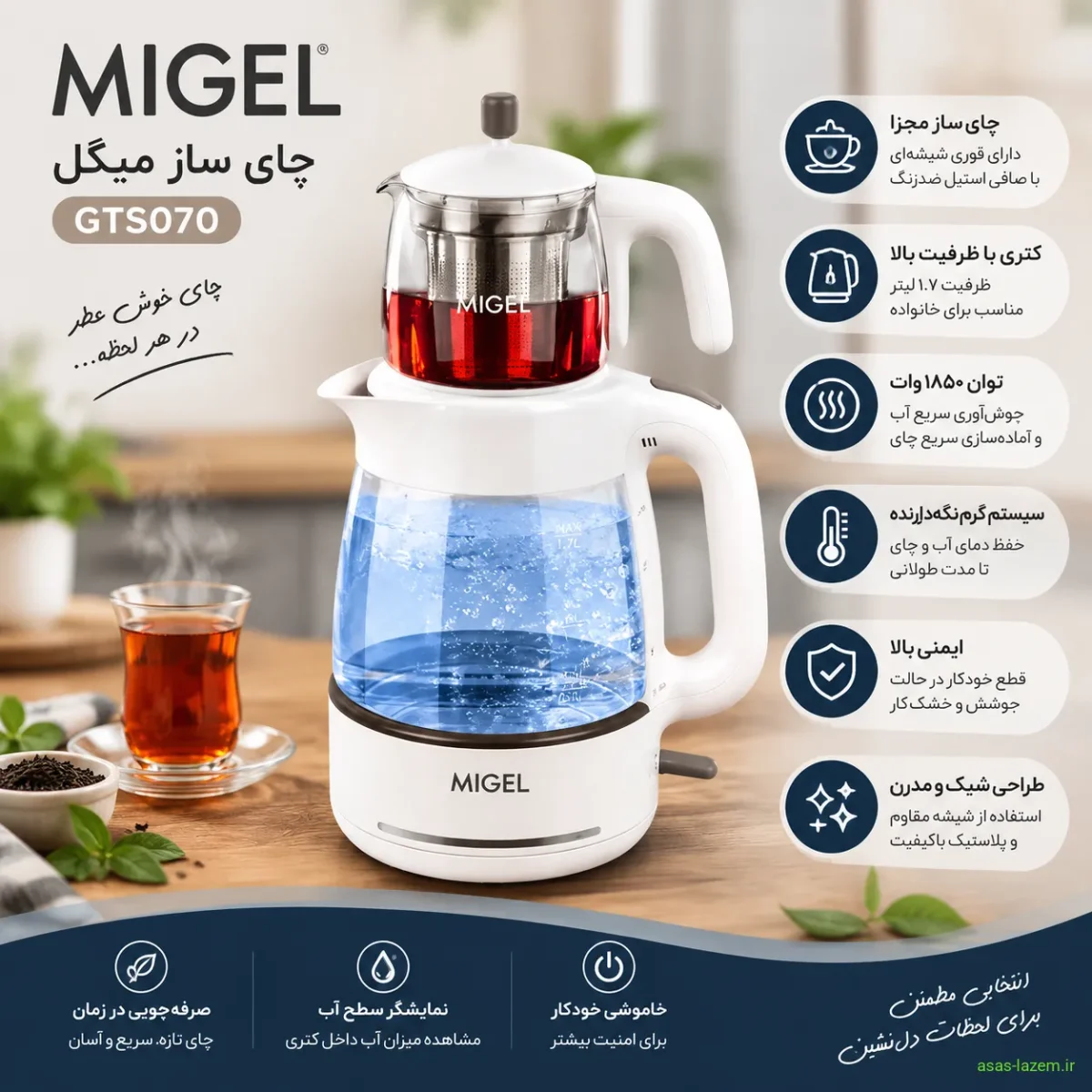 ویژگی‌های عملکردی چای ساز میگل GTS070