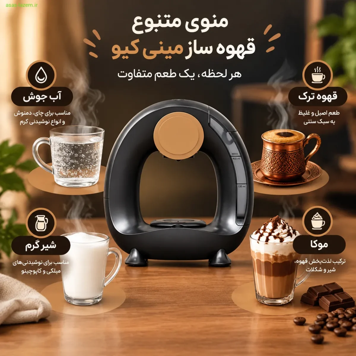منوی متنوع قهوه ساز مینی کیو شامل آب جوش، قهوه ترک، شیر گرم و موکا