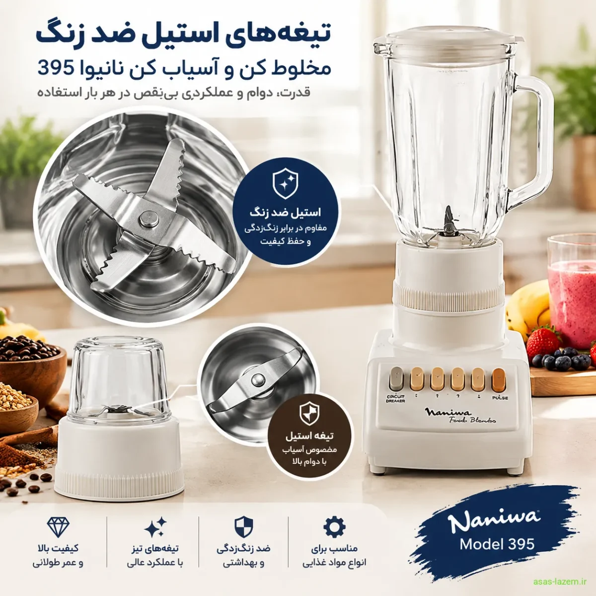 تیغه‌های استیل ضد زنگ مخلوط کن و آسیاب کن نانیوا 395