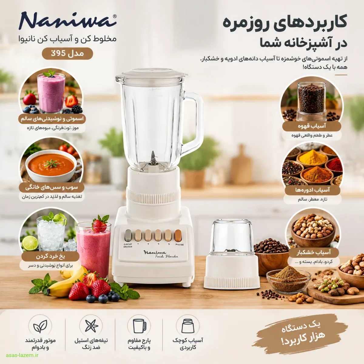 کاربردهای روزمره مخلوط کن و آسیاب کن نانیوا 395