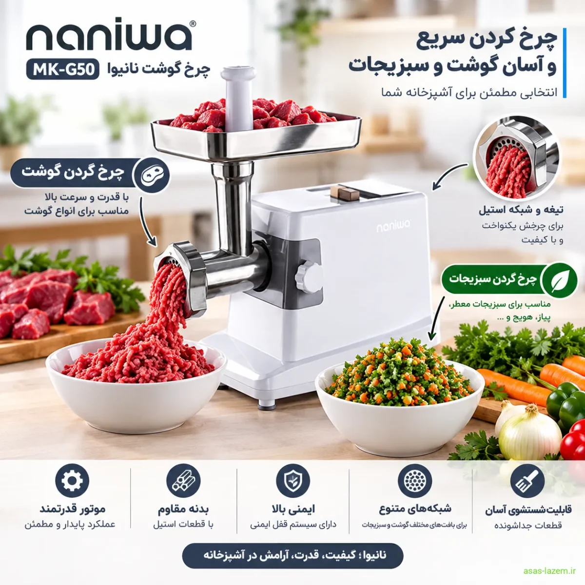 عملکرد چرخ گوشت نانیوا MK-G50 در چرخ کردن گوشت و سبزیجات