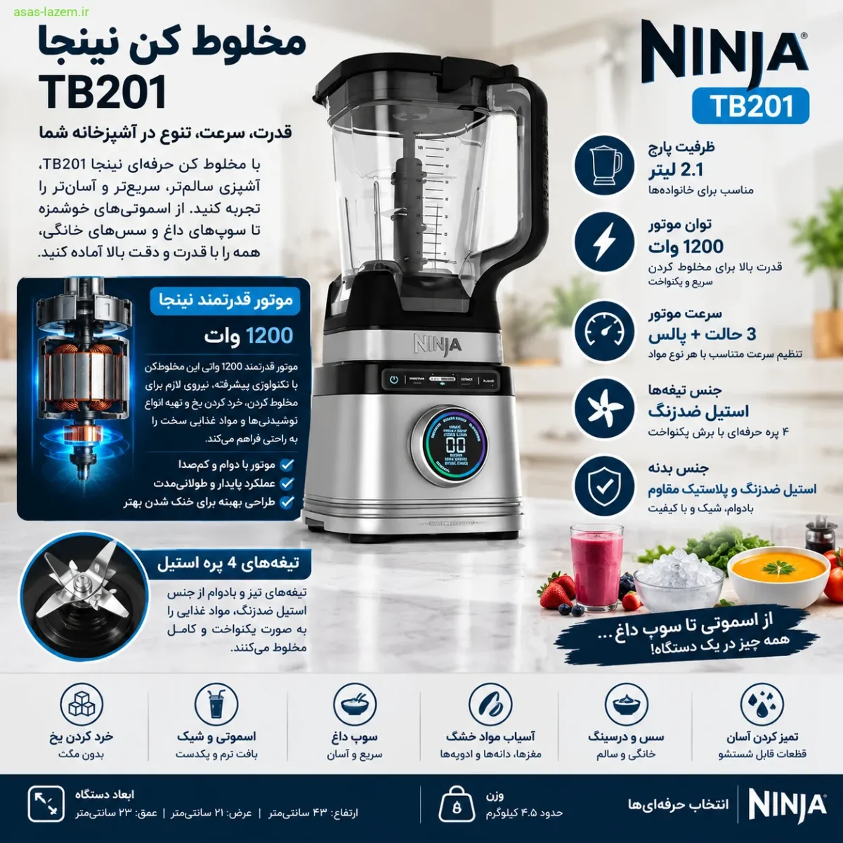 مشخصات فنی و موتور مخلوط کن نینجا TB201