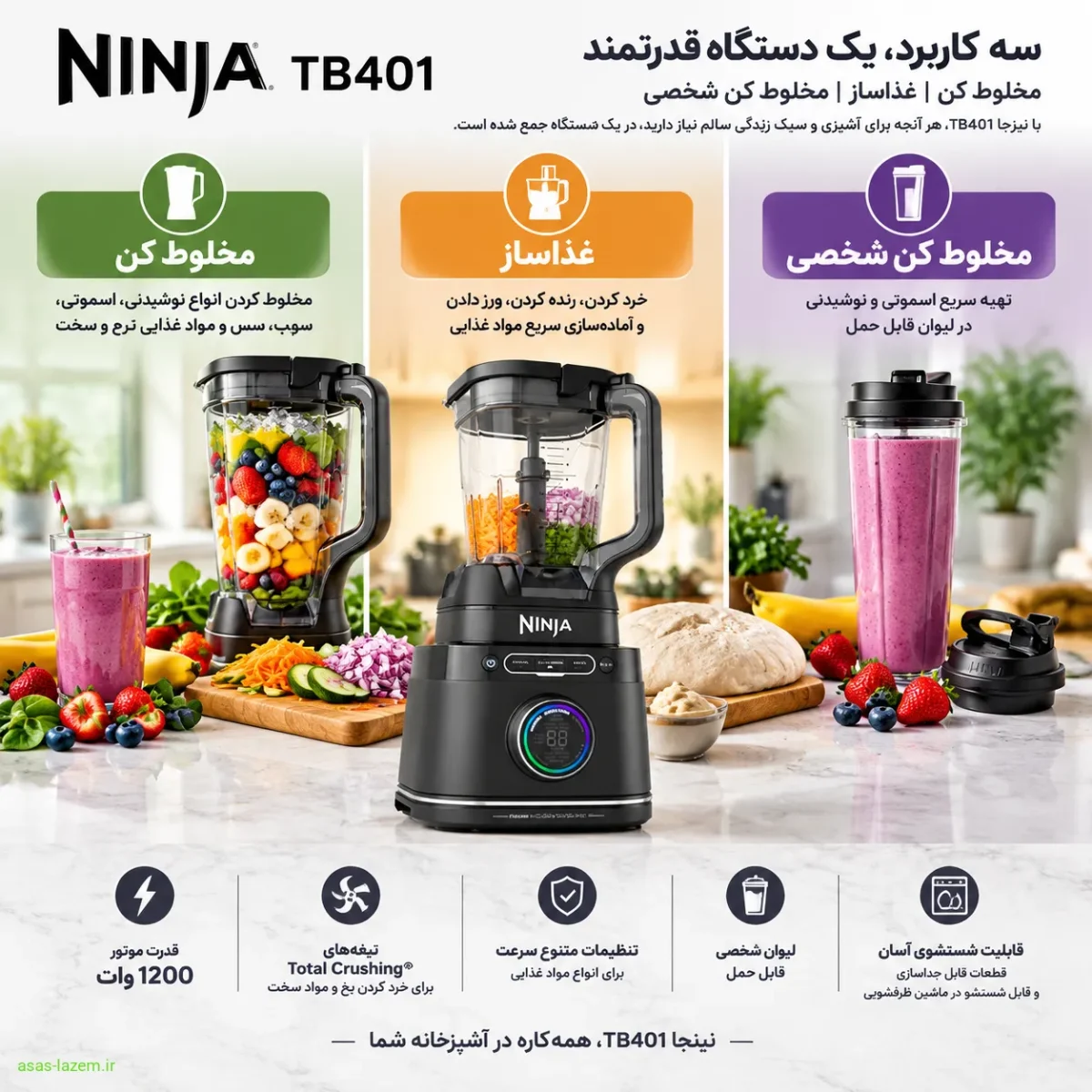 سه کاربرد مخلوط کن، غذاساز و مخلوط کن شخصی نینجا TB401