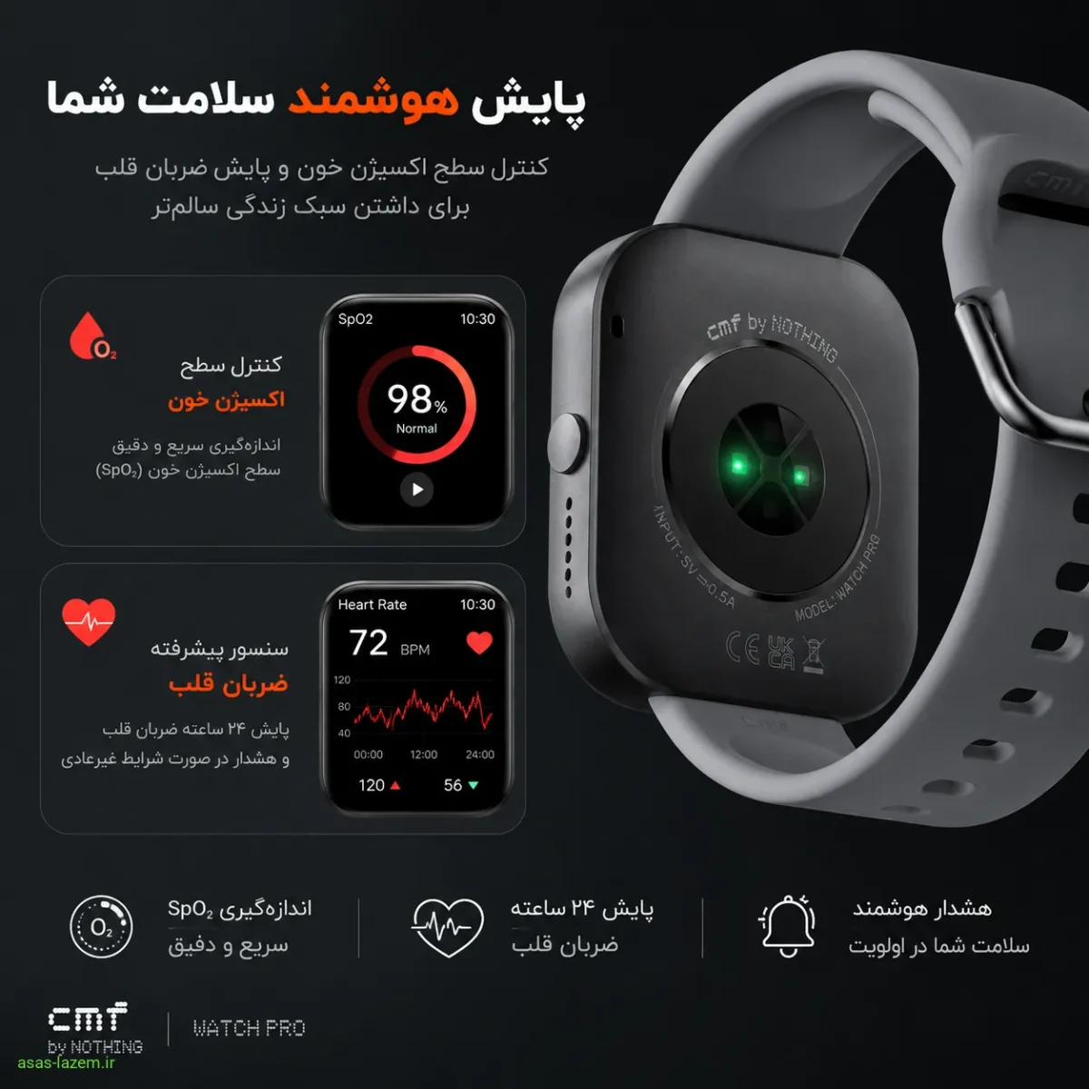 نمایشگر کنترل سطح اکسیژن خون و سنسور ضربان قلب در ساعت هوشمند ناتینگ CMF واچ پرو