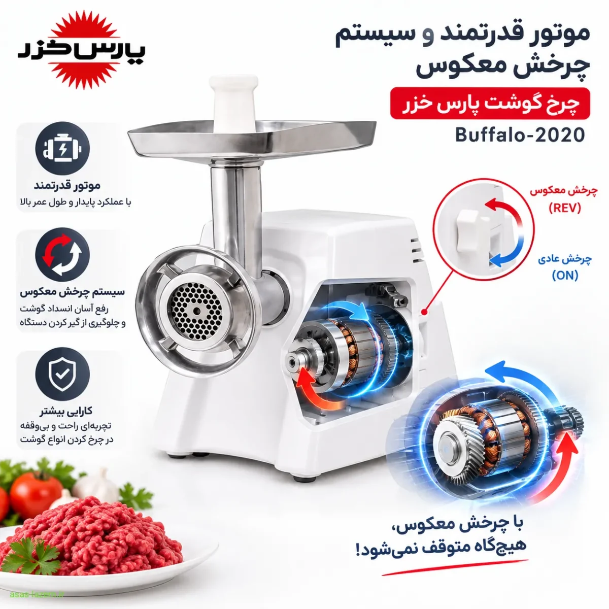 موتور و سیستم چرخش معکوس چرخ گوشت پارس خزر Buffalo-2020