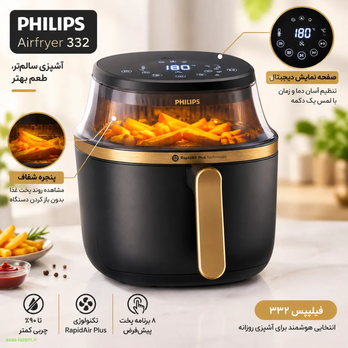 صفحه نمایش دیجیتال و پنجره شفاف هواپز فیلیپس ۳۳۲
