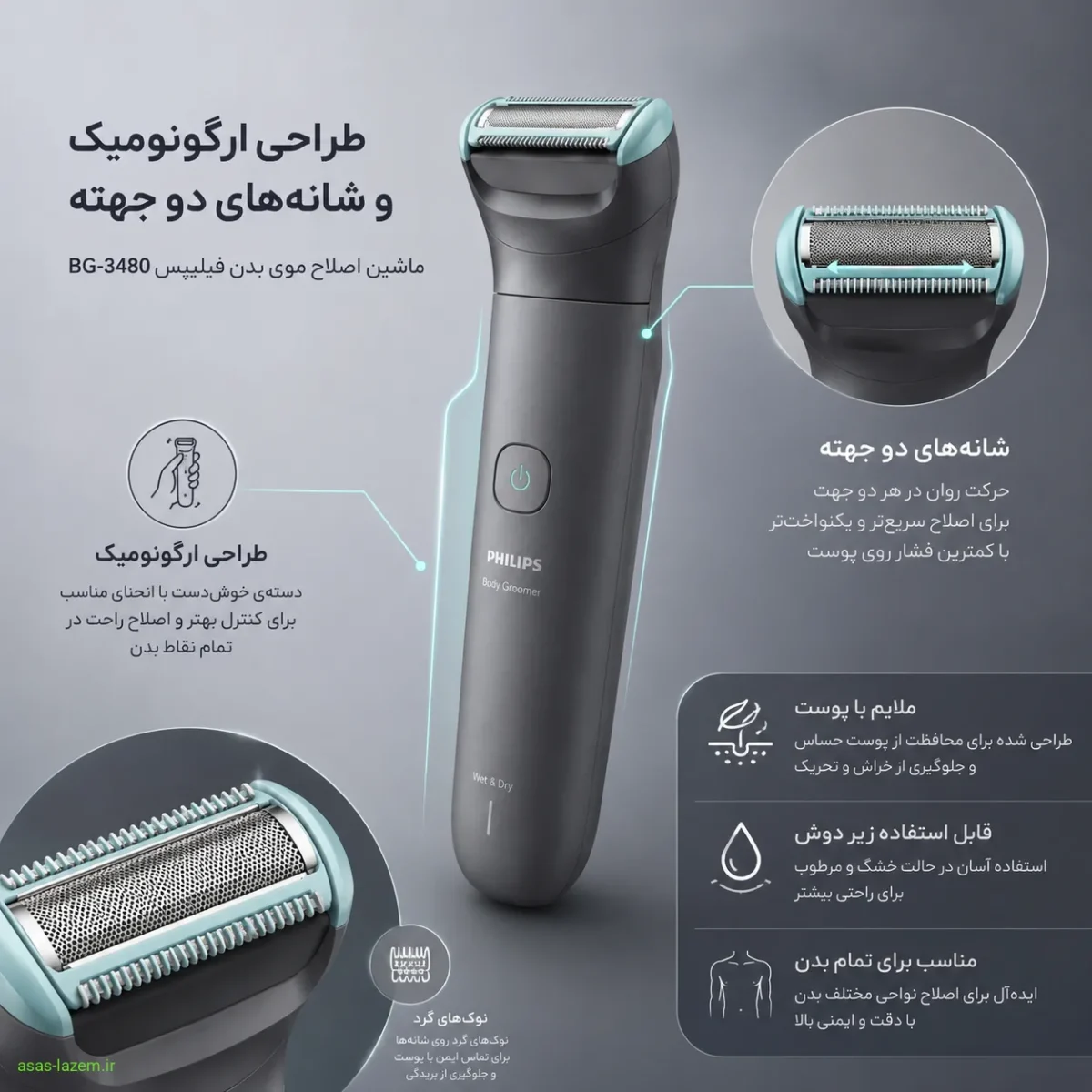 طراحی ارگونومیک بدنه و شانه های دو جهته ماشین اصلاح موی بدن فیلیپس BG-3480
