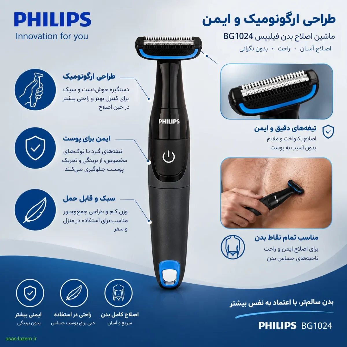 طراحی ارگونومیک و ایمن ماشین اصلاح بدن فیلیپس BG1024