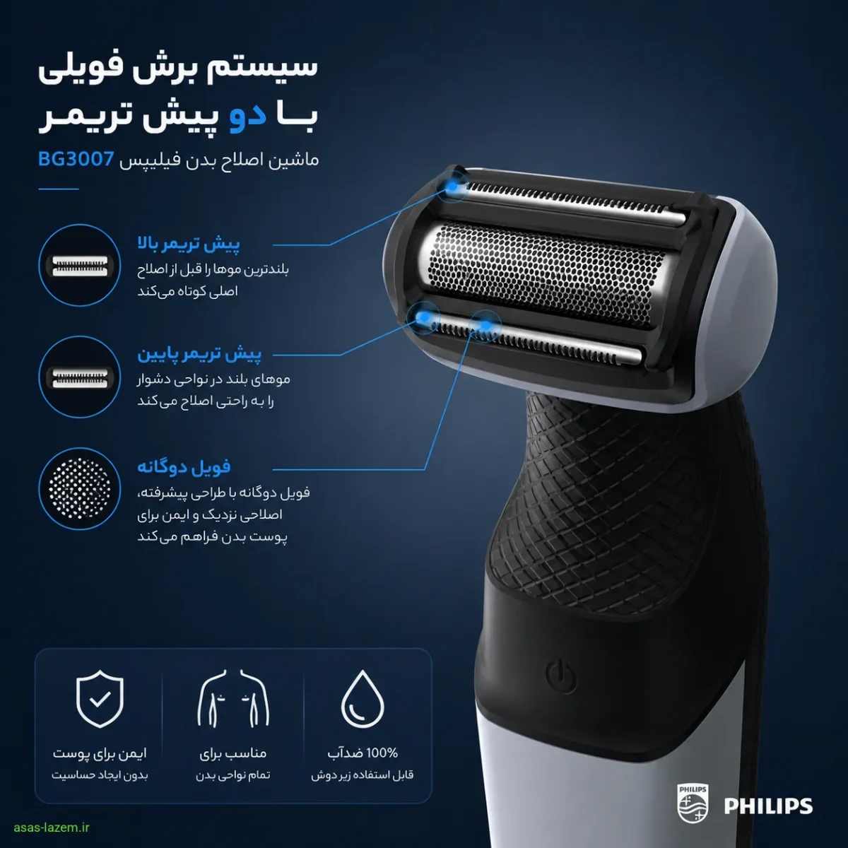سیستم برش فویلی با دو پیش تریمر ماشین اصلاح بدن فیلیپس BG3007