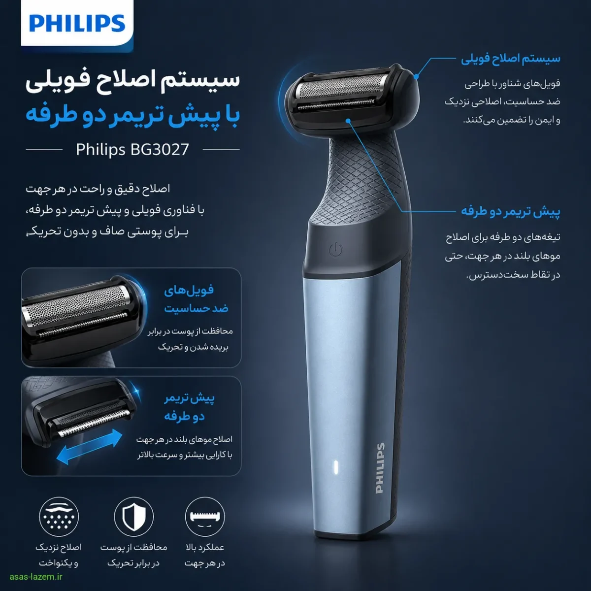 سیستم اصلاح فویلی با پیش تریمر دو طرفه ماشین اصلاح فیلیپس BG3027