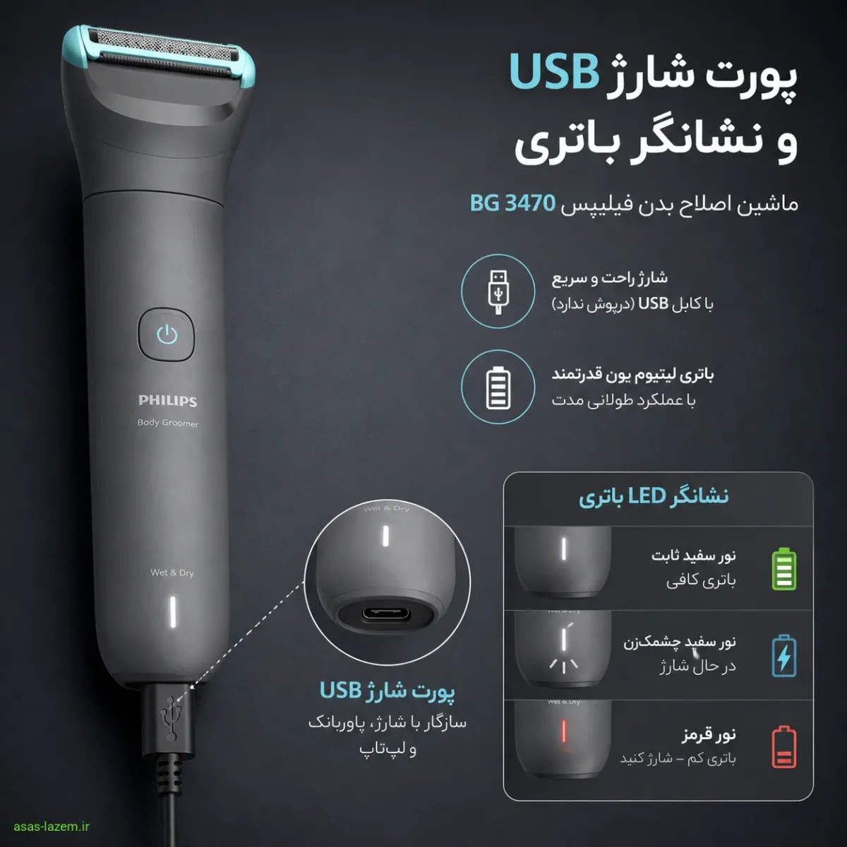 پورت شارژ USB ماشین اصلاح فیلیپس BG 3470 و نشانگر باتری