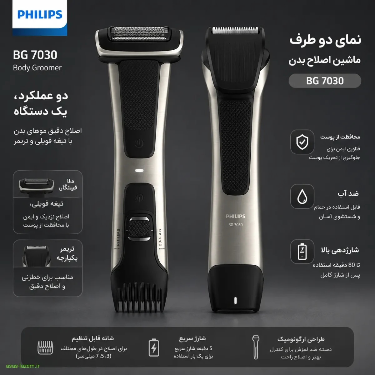 نمای دو طرف ماشین اصلاح فیلیپس BG 7030 با تیغه فویلی و تریمر