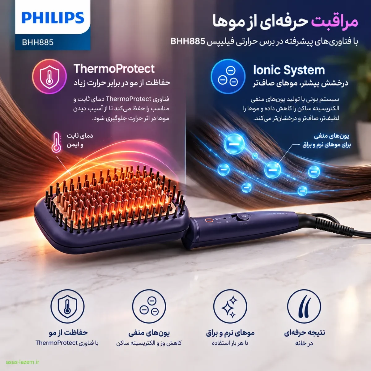 فناوری ThermoProtect و سیستم یونی در برس حرارتی فیلیپس BHH885