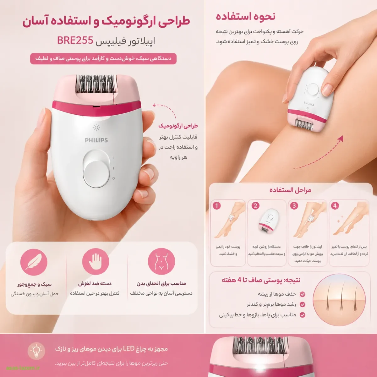 طراحی ارگونومیک و نحوه استفاده از اپیلاتور فیلیپس BRE255 روی پوست