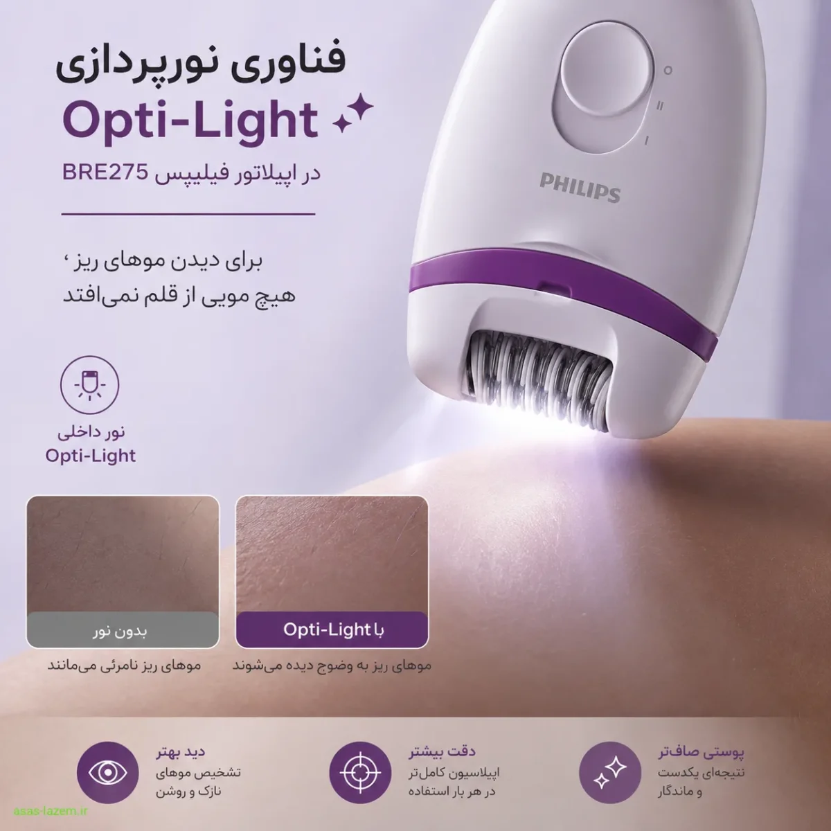 فناوری نورپردازی Opti-Light در اپیلاتور فیلیپس BRE275 برای دیدن موهای ریز