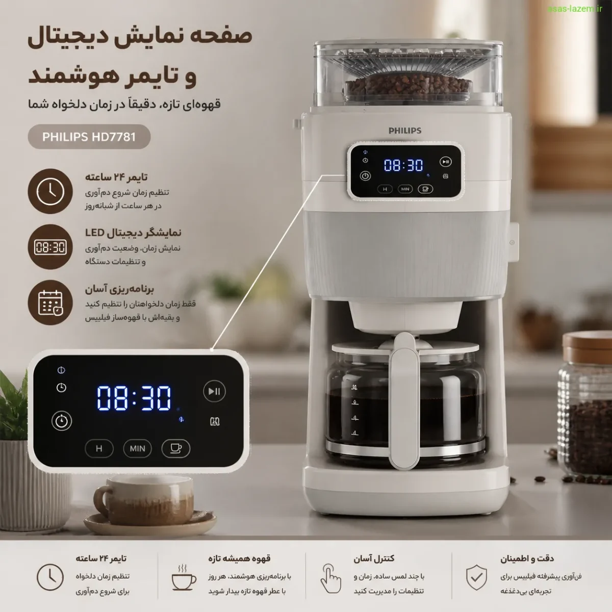 صفحه نمایش دیجیتال و تایمر قهوه‌ساز فیلیپس HD7781
