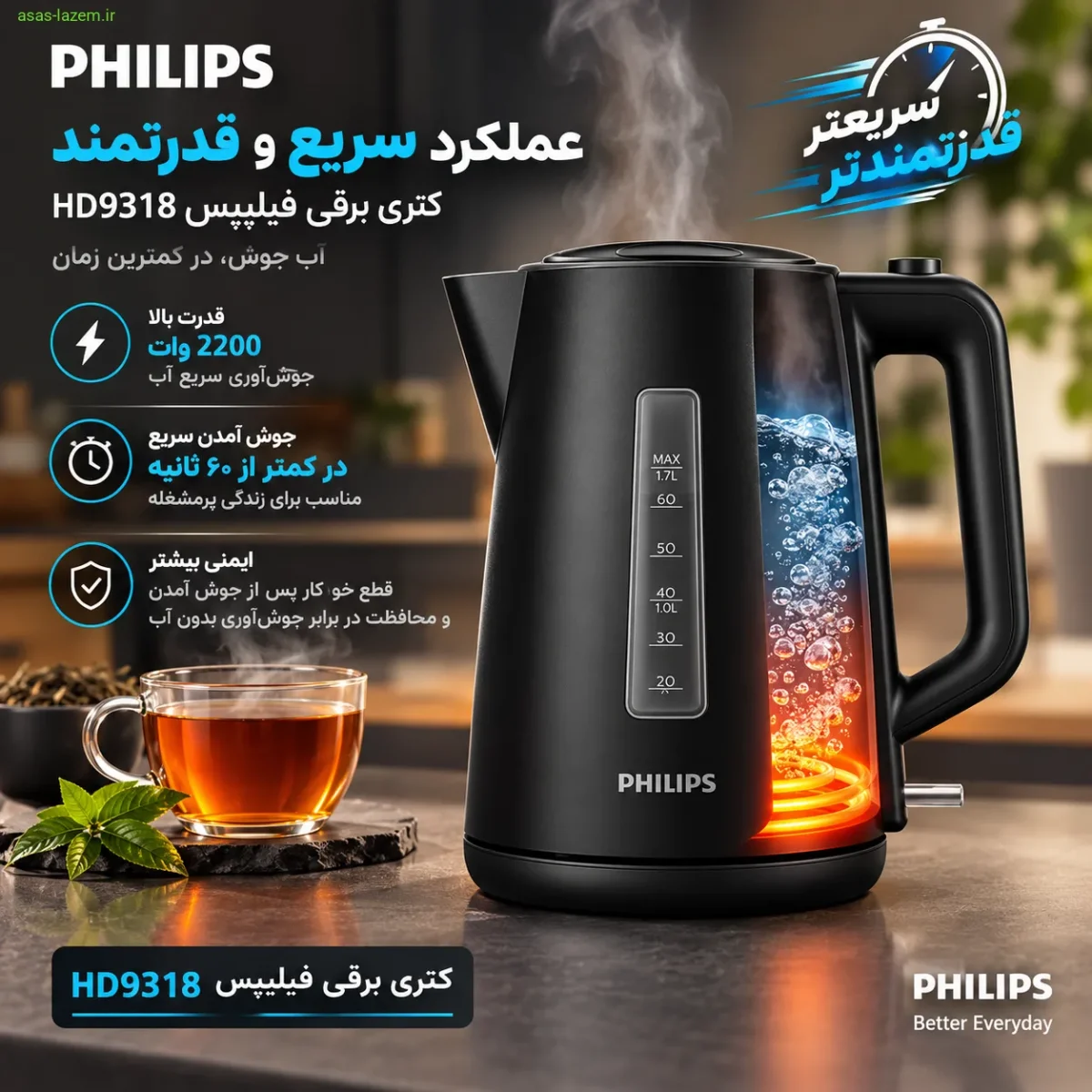 عملکرد سریع و قدرتمند کتری برقی فیلیپس HD9318
