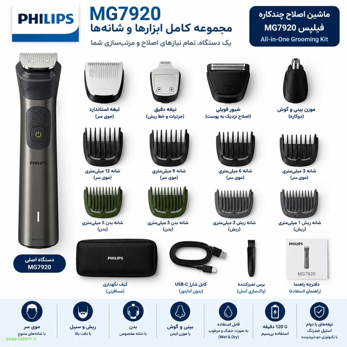 مجموعه کامل ابزارها و شانه‌های ماشین اصلاح فیلیپس MG7920