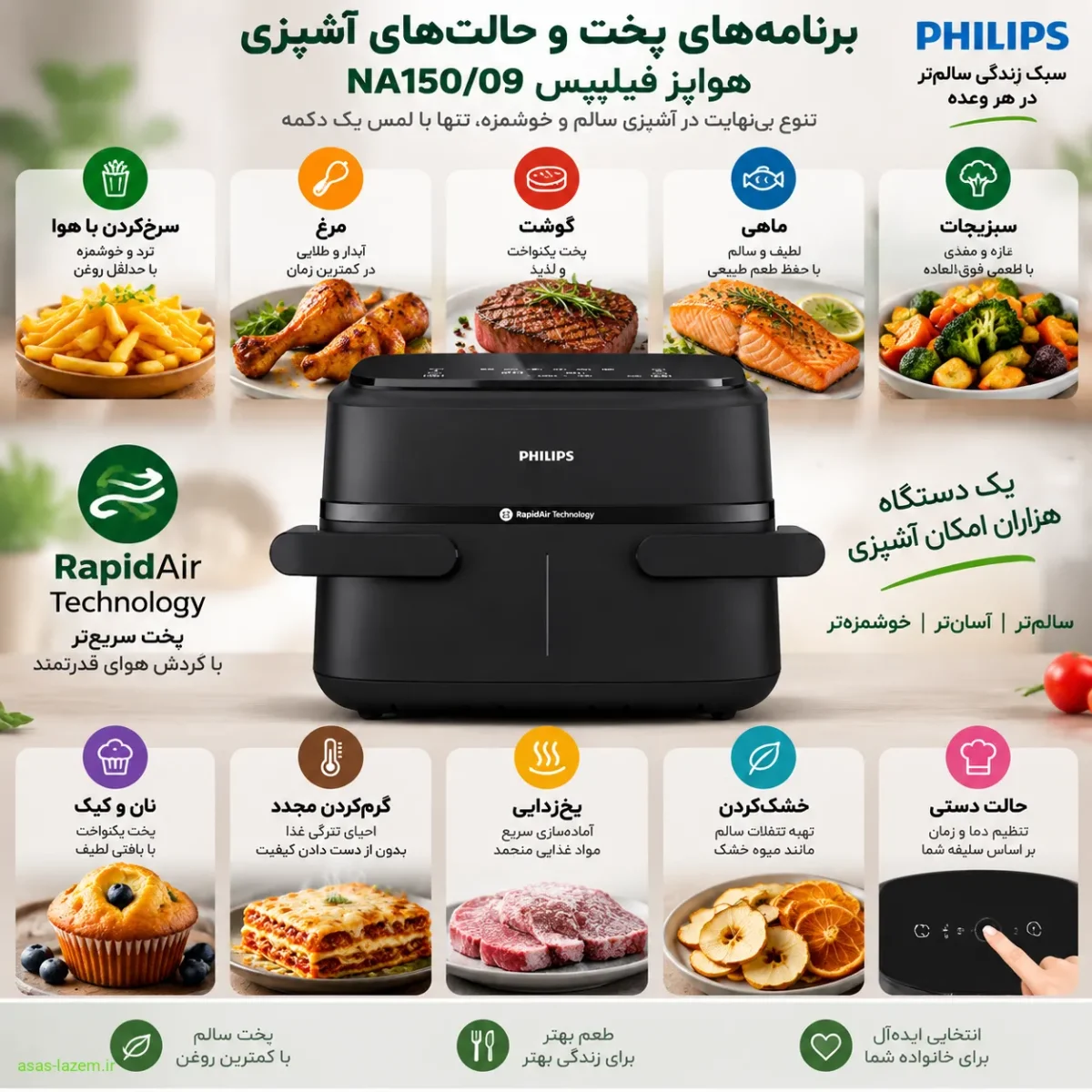 برنامه‌های پخت و حالت‌های آشپزی هواپز فیلیپس NA150/09