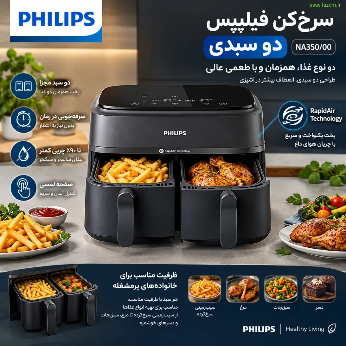 طراحی دو سبدی سرخ‌کن فیلیپس NA350/00