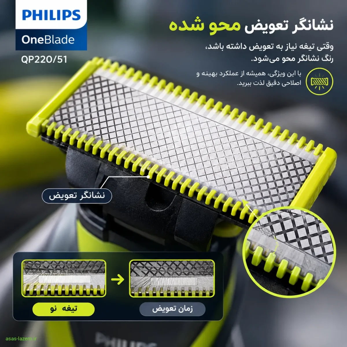 نمای نزدیک از نشانگر تعویض محو شده روی تیغه فیلیپس QP220/51