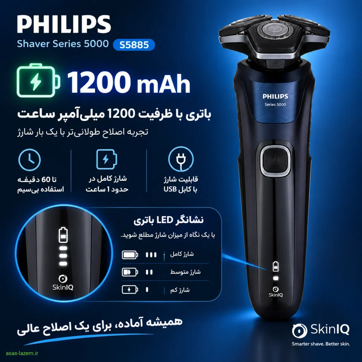 باتری 1200 میلی آمپر ساعت و نشانگر LED ماشین اصلاح فیلیپس S5885