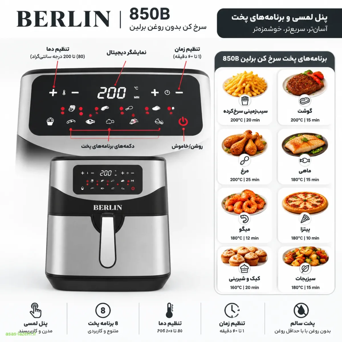 امکانات سرخ کن برلین 850B پنل لمسی و برنامههای پخت سرخ کن برلین 850B