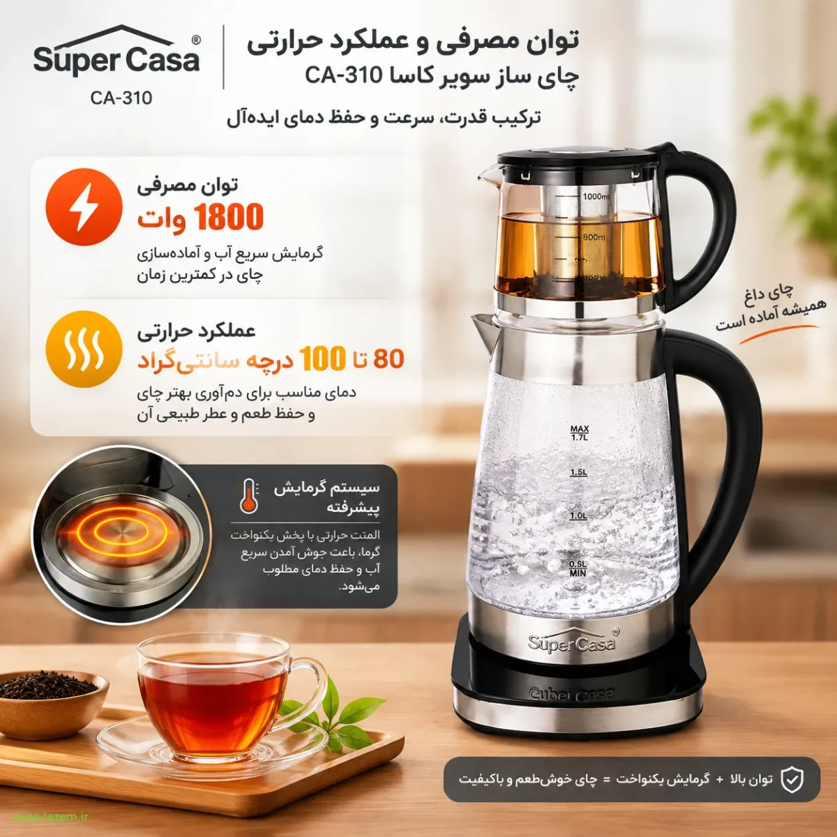 توان مصرفی و عملکرد حرارتی چای ساز سوپر کاسا CA-310
