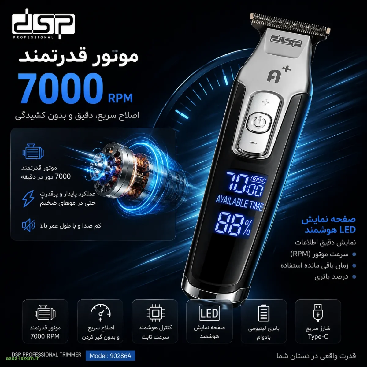 موتور قدرتمند ۷۰۰۰ دور و صفحه نمایش LED ماشین اصلاح DSP