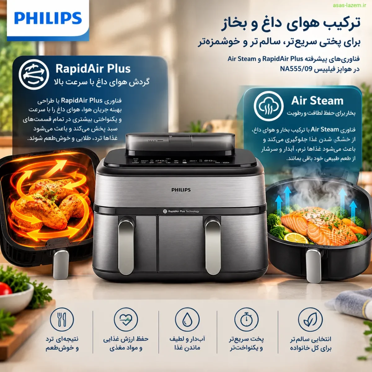 قلب تپنده هواپز فیلیپس با فناوریهای نسل جدید فناوری RapidAir Plus و Air Steam در هواپز فیلیپس NA555/09